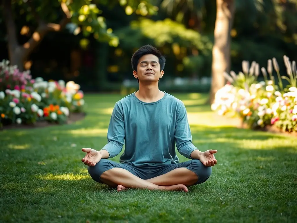 A serene image of a person meditating in a peaceful garden, symbolizing relaxation and pain relief through hypnotherapy. The lighting is soft and natural, emphasizing tranquility.