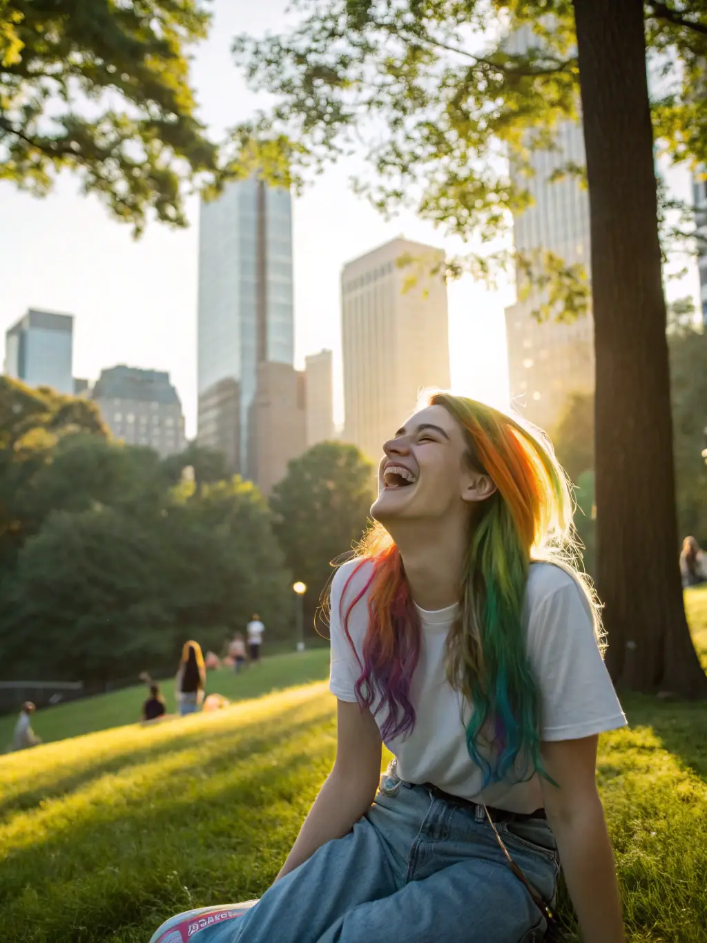 A confident person standing tall, smiling, with a bright, sunny background, symbolizing the regained confidence through hypnotherapy.