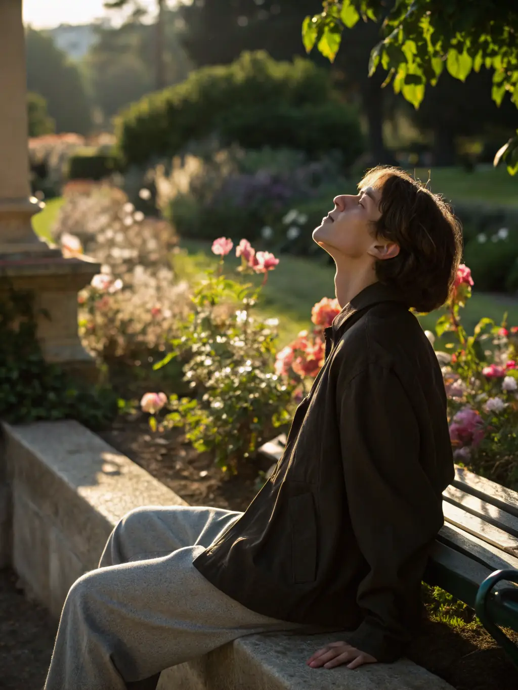 A serene image of a person meditating in a peaceful garden, sunlight gently filtering through the trees, representing stress reduction through hypnotherapy.
