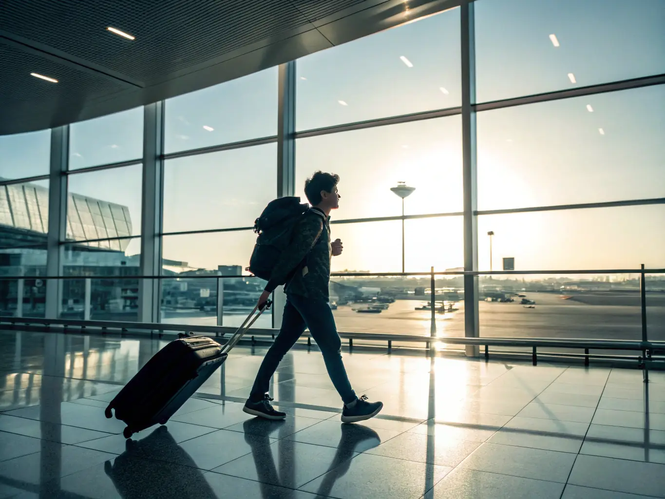 A person smiling and boarding an airplane, symbolizing overcoming a fear of flying through hypnotherapy.