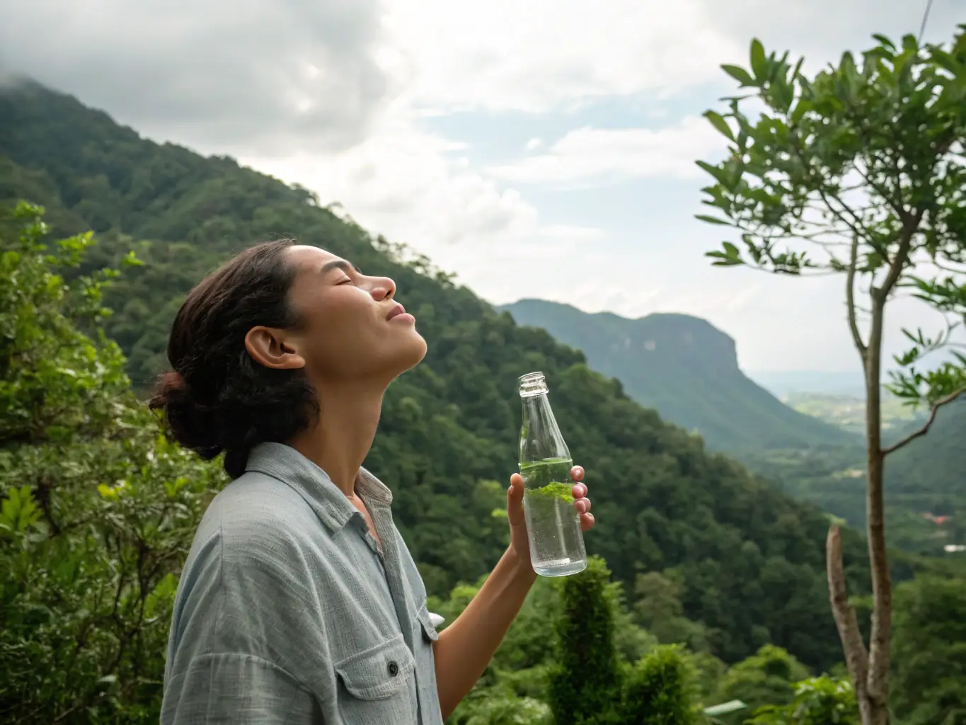 A close-up shot of a person taking a deep, clean breath in a serene, natural setting, symbolizing improved lung health and vitality after quitting smoking with hypnosis.