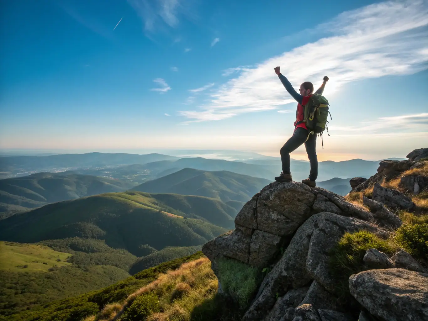 A serene image depicting a person calmly standing on a high vantage point, overlooking a beautiful landscape, symbolizing overcoming a fear of heights through hypnotherapy.