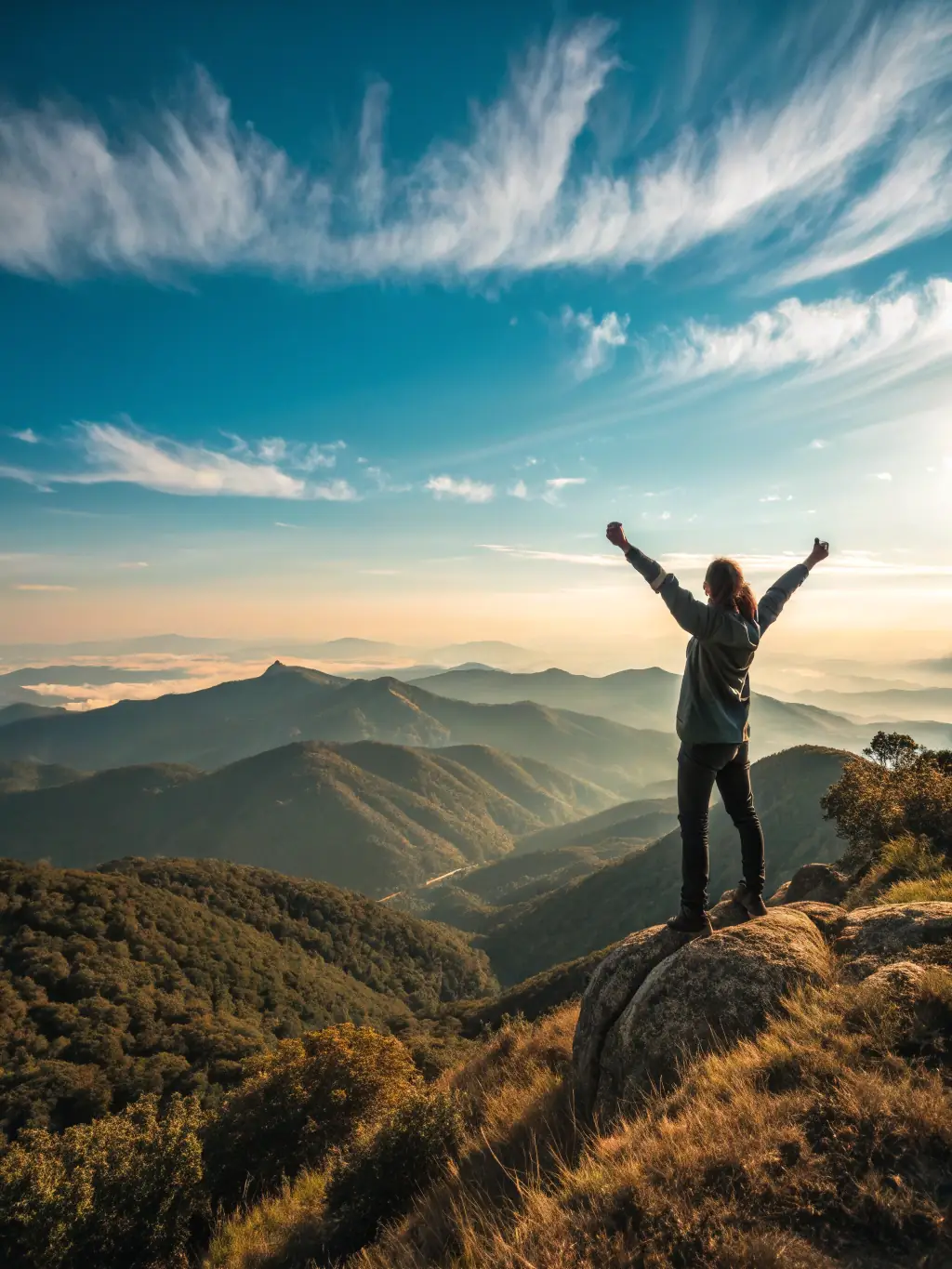 A person successfully overcoming a challenge, like climbing a mountain or finishing a race, symbolizing the overcoming of obstacles through hypnotherapy.