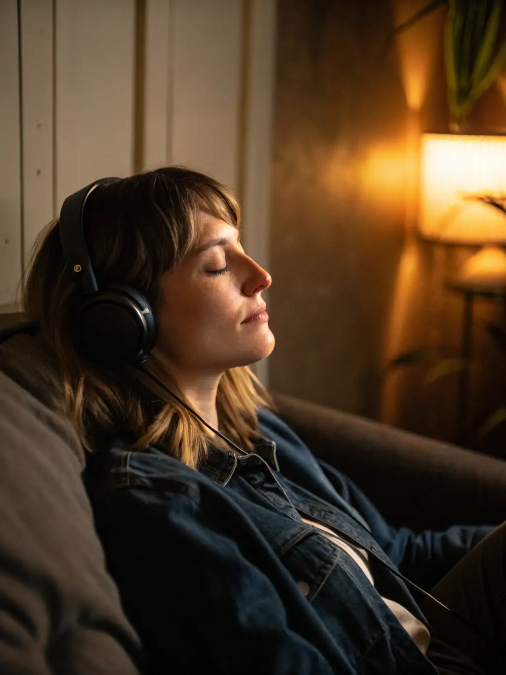 A person looking calm and relaxed, eyes closed, sitting in a comfortable chair, bathed in soft, warm light, representing the peace achieved through hypnotherapy.