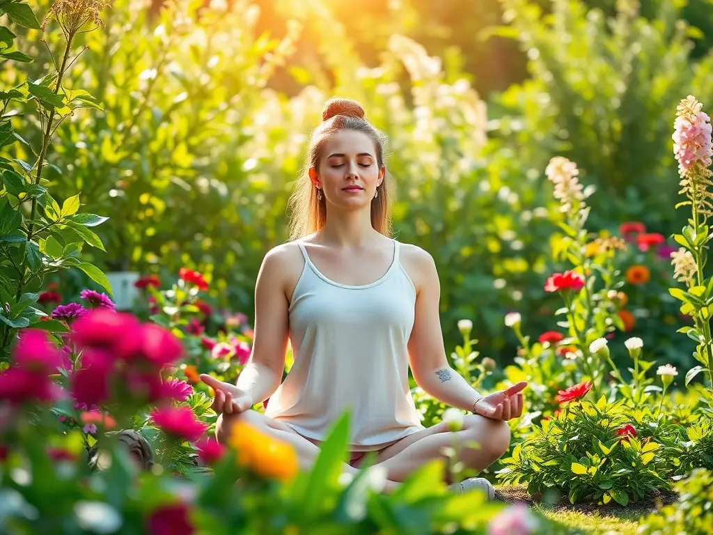 A serene image depicting a woman in a peaceful meditative state, surrounded by calming natural elements, symbolizing the tranquility and relief hypnotherapy can bring during menopause. The setting is a sunlit garden, emphasizing natural healing.