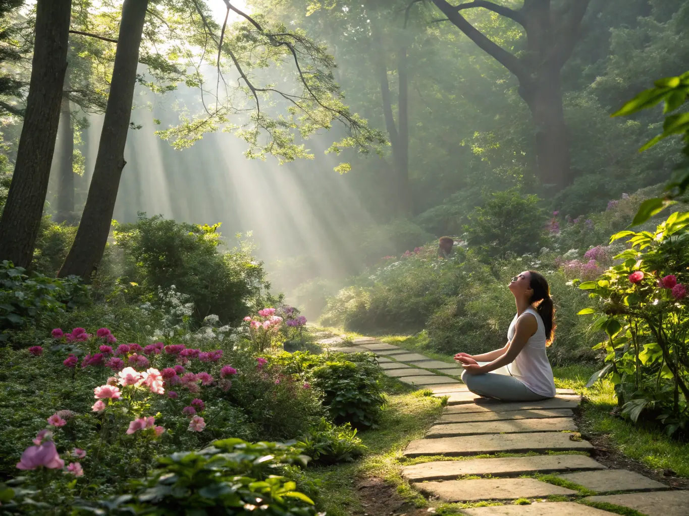 A serene image of a person meditating in a peaceful garden, representing anxiety relief hypnotherapy. The scene should evoke calmness and tranquility.
