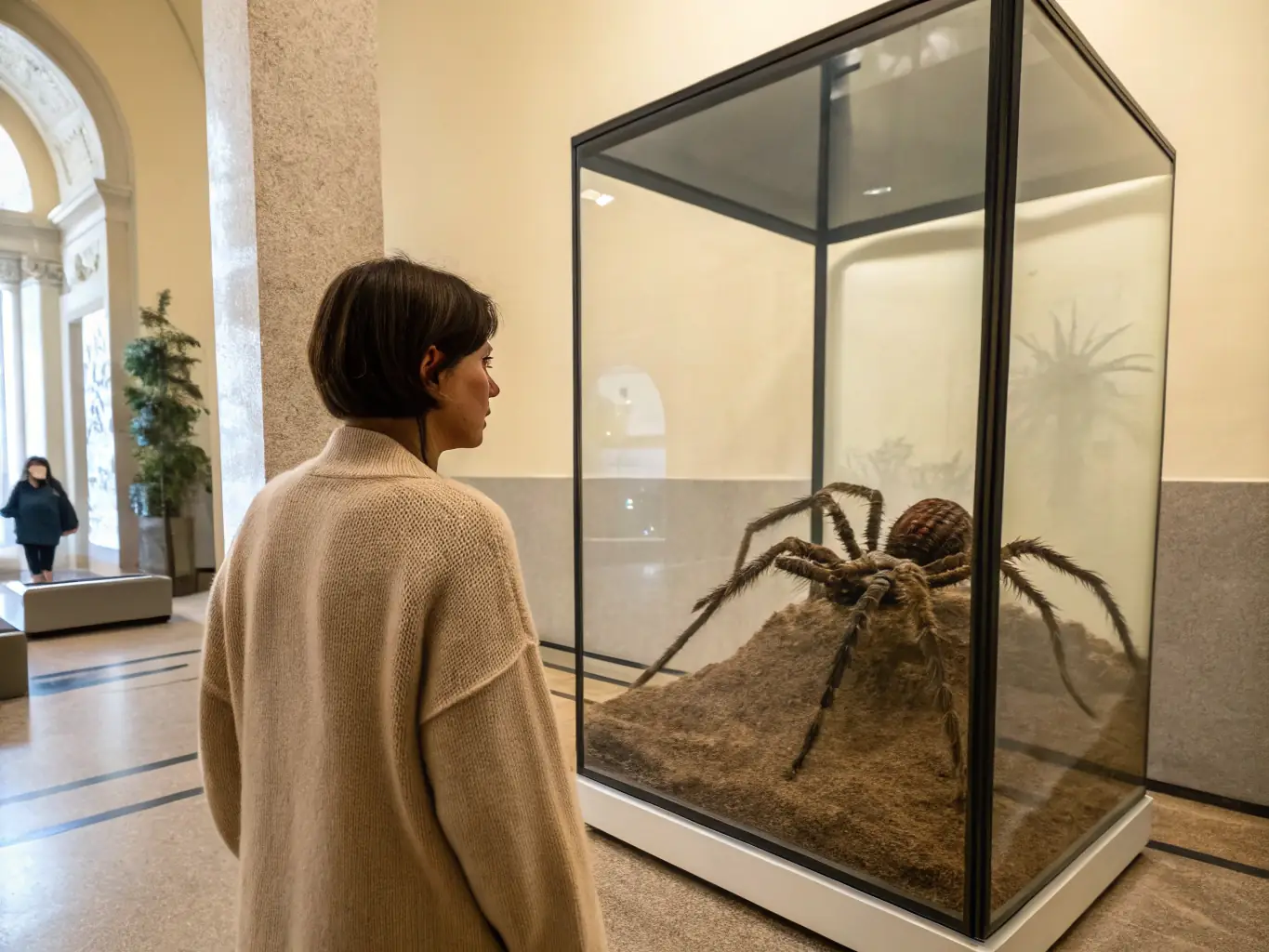 A person looking fearfully at a spider on a wall, with a hypnotherapist offering a reassuring hand in the background, symbolizing overcoming arachnophobia through hypnotherapy.