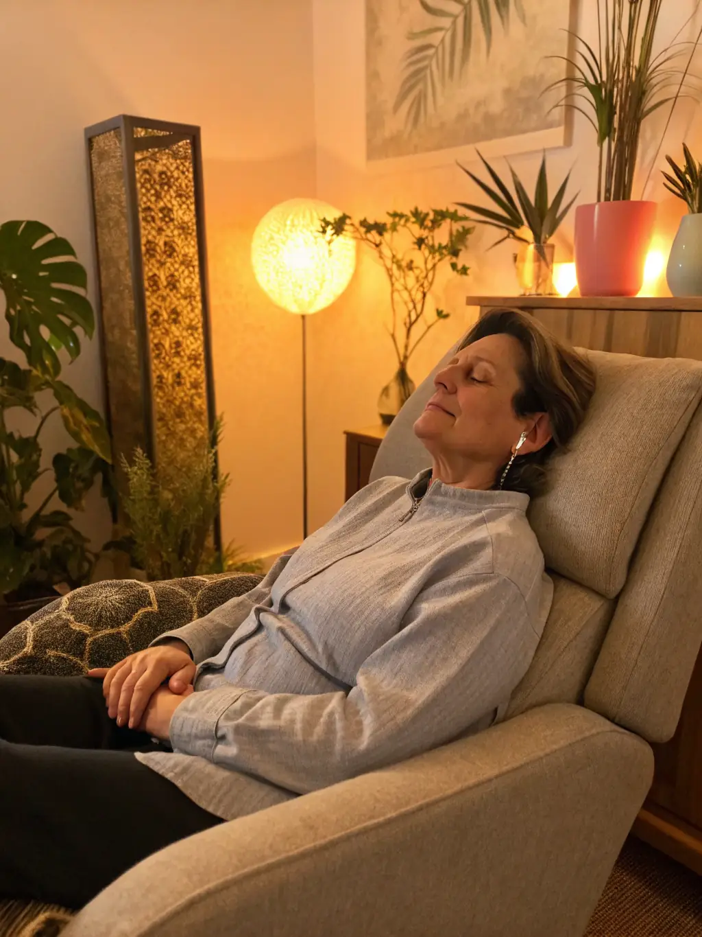 A close-up shot of a person's relaxed face during a hypnotherapy session, emphasizing the deep relaxation achieved.