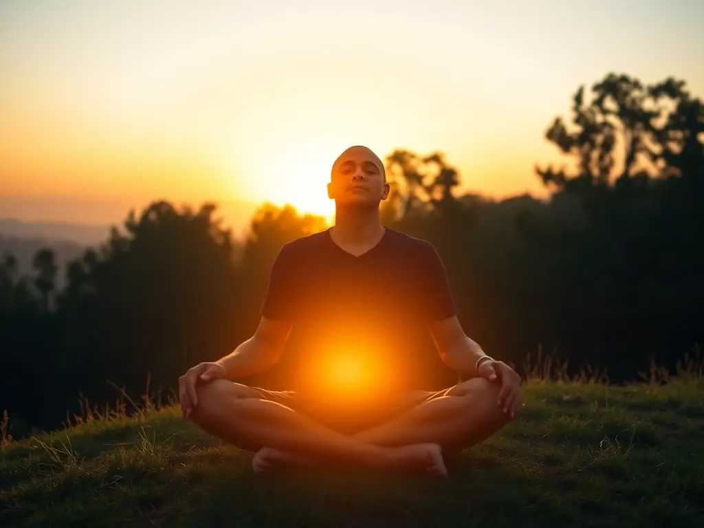 A serene image depicting a person meditating peacefully in a natural setting, symbolizing stress reduction and relaxation achieved through hypnotherapy.
