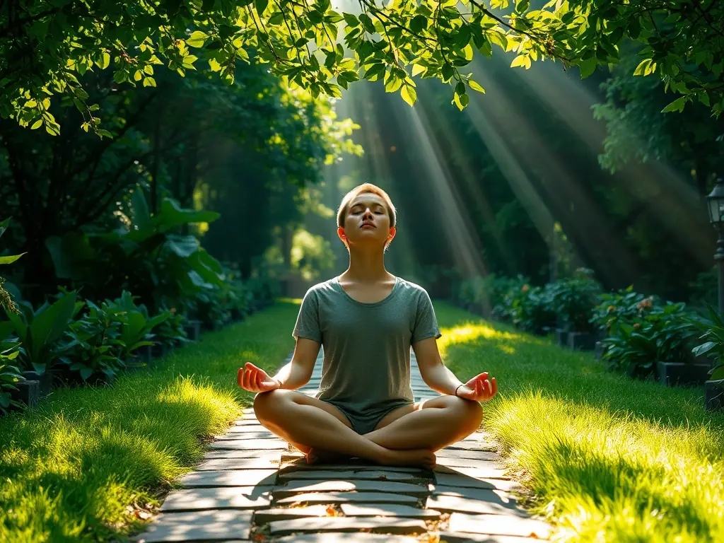 A serene image of a person meditating in a peaceful garden, representing anxiety relief through hypnotherapy.