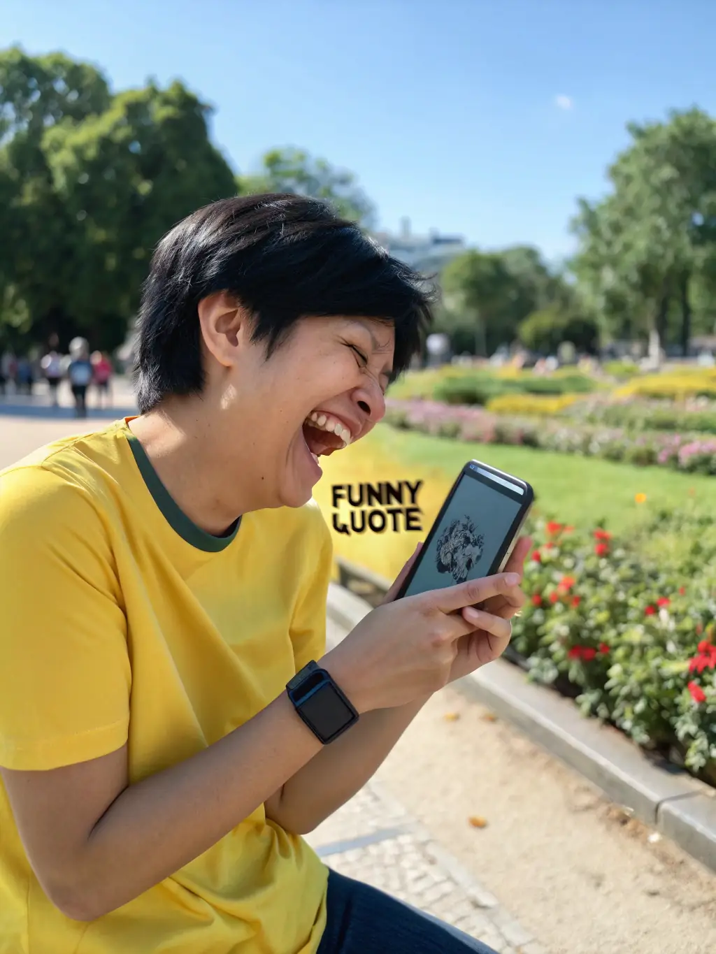 A person laughing joyfully in a natural setting, like a park or garden, representing the rediscovery of happiness through hypnotherapy.