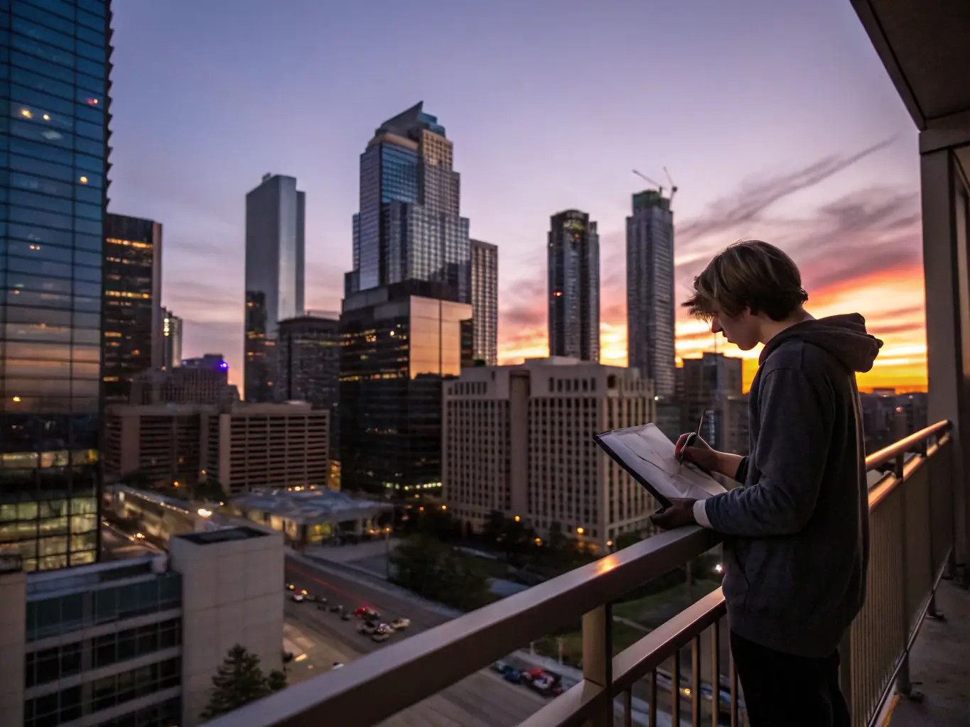 A person standing confidently at a great height, overlooking a cityscape, representing the successful treatment of acrophobia through hypnotherapy.