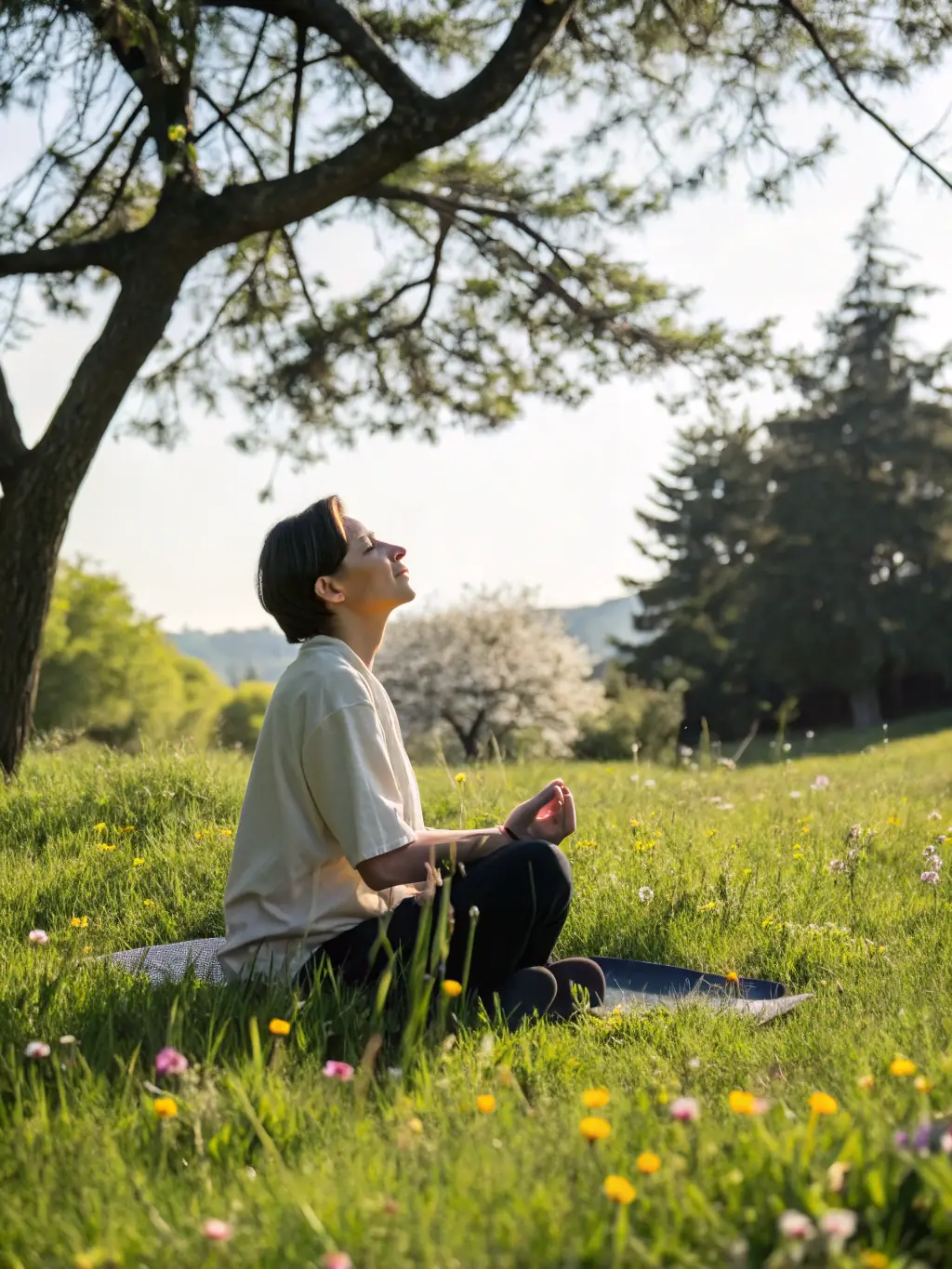 A serene scene of a student meditating in a peaceful environment, visualizing success and calmness. The image represents the overall benefits of hypnotherapy for exam stress.