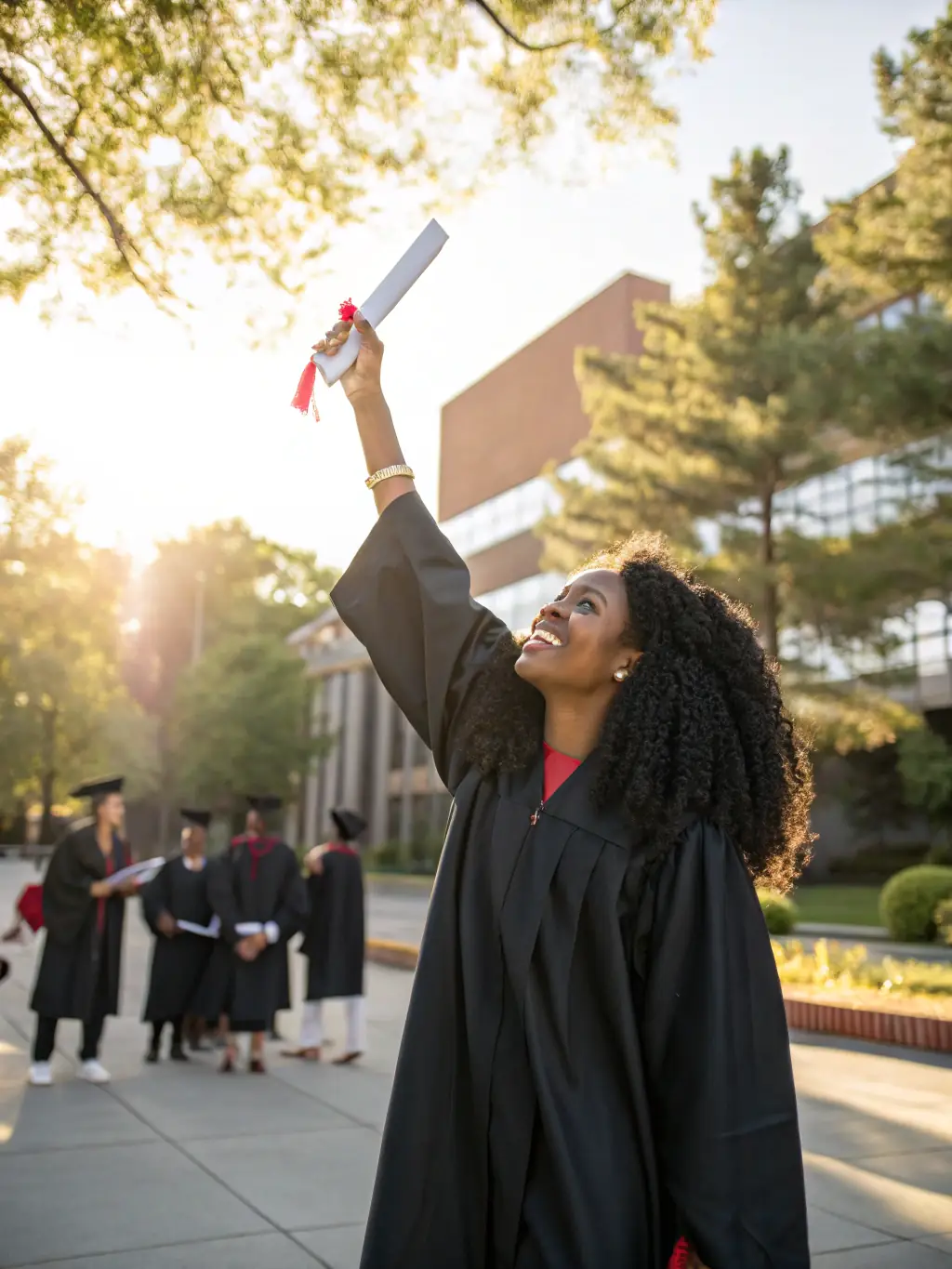 A confident student standing tall, smiling, with a graduation cap on, symbolizing success and achievement. The background is blurred, focusing on the student's positive aura.