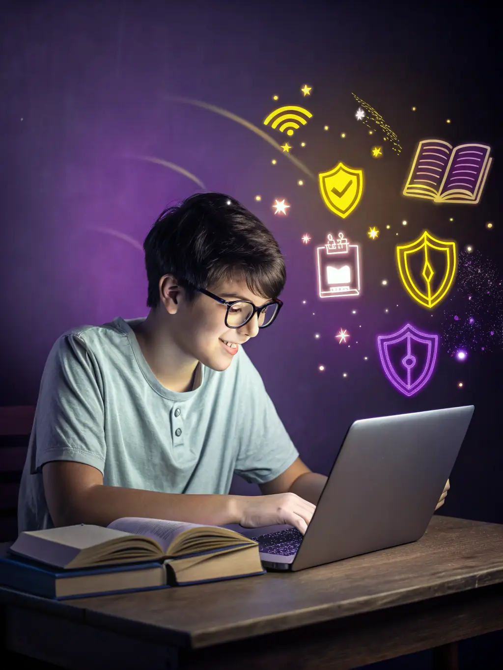 A student sitting at a desk, looking stressed and overwhelmed by textbooks, with a subtle overlay of swirling colors representing anxiety. The image is for the 'Stress Reduction' aspect of hypnotherapy.